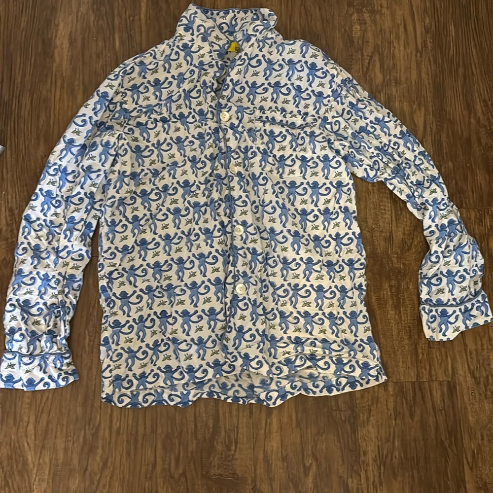 ROBERTA ROLLER RABBIT 100% Cotton Blue Monkey Long Sleeve Pajama Top • LARGE